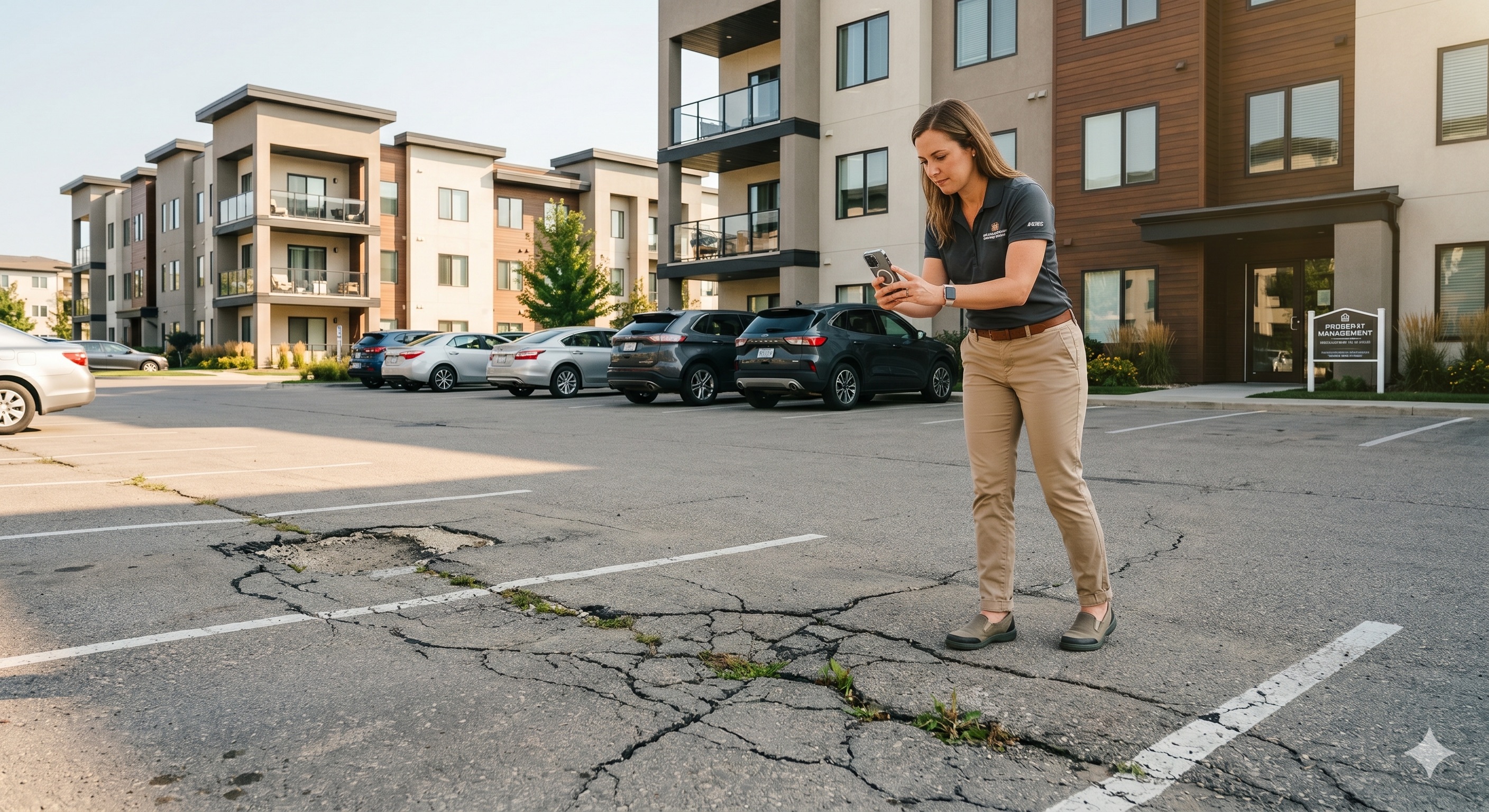 Asset manager documenting cracked asphalt in a parking lot with a phone.