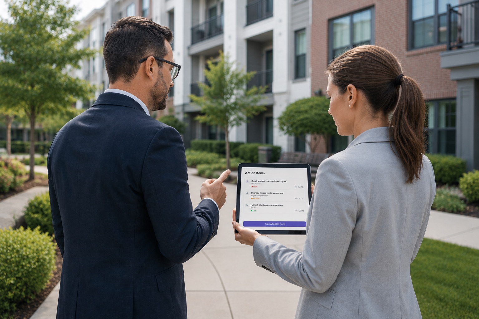 Two asset managers reviewing a tablet showing the SiteVisit Action Items list.